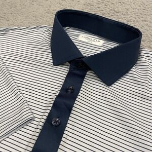 NWOT Collars And Co Polo Shirt Mens M White Blue Striped Contrast Featherweight